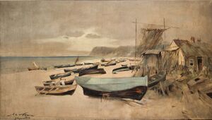 Łodzie na plaży, płótno, olej (104,5 x 185 cm).