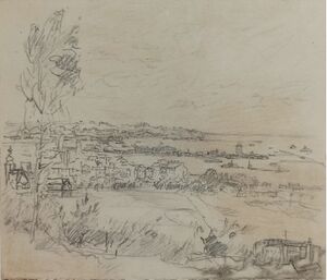 Szkic do panoramy Gdyni na Powszechną Wystawę Krajową, karton, ołówek (18,1 x 23,9 cm).
