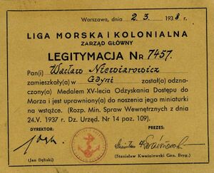 Legitymacja Ligi Morskiej i Kolonialnej Wacława Niewiarowicza.