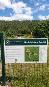 Tablica przed bramą Leśnego Ogrodu Botanicznego Marszewo.