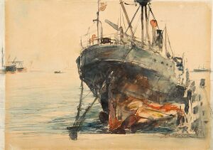 Port I – statek w porcie gdyńskim, papier, akwarela (104,5 x 185 cm).