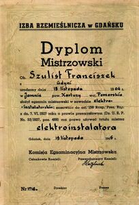 Dyplom mistrzowski Franciszka Szulista.