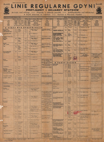 Afisz “Linie regularne Gdyni – przyjazdy i odjazdy statków”