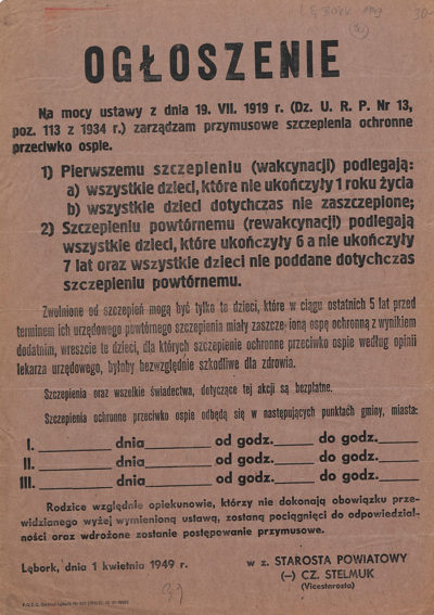 Ogłoszenie „Przymusowe szczepienia ochronne przeciwko ospie”