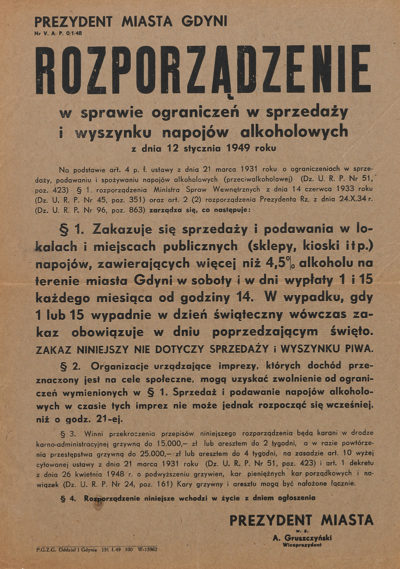 Afisz – Rozporządzenie Prezydenta Gdyni w sprawie sprzedaży i wyszynku napojów alkoholowych