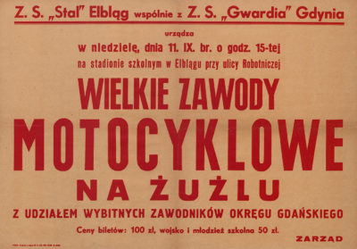 Afisz: „Wielkie zawody motocyklowe na żużlu”