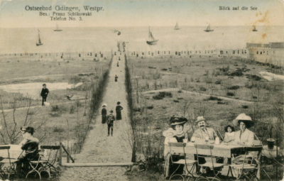 Ostseebad Gdingen, Westpr./ Bes.: Franz Schikowski (Kurort nad Morzem Bałtyckim Gdynia, Prusy Zachodnie/ Właściciel Franciszek Schikowski). Widok od strony Kurhausu na morze