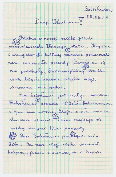 List ucznia Szkoły Podstawowej nr 4 w Bolesławcu do kucharza na drobnicowcu m/s Artur Grottger