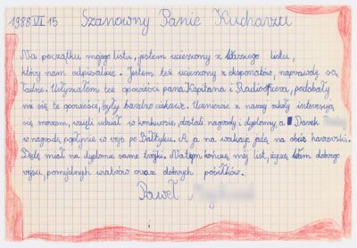 List ucznia Szkoły Podstawowej nr 4 w Bolesławcu do kucharza na drobnicowcu m/s Artur Grottger