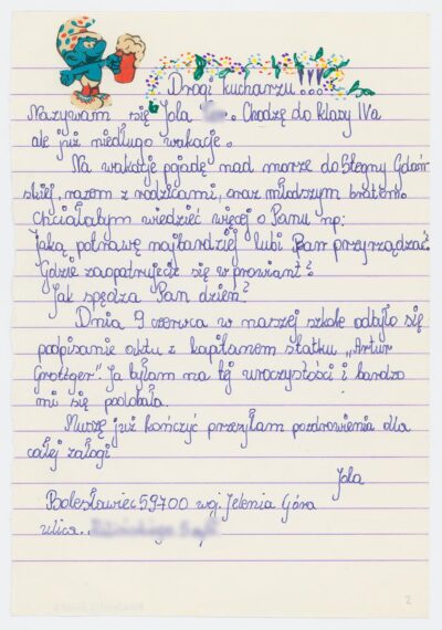 List uczennicy Szkoły Podstawowej nr 4 w Bolesławcu, do kucharza na drobnicowcu m/s Artur Grottger