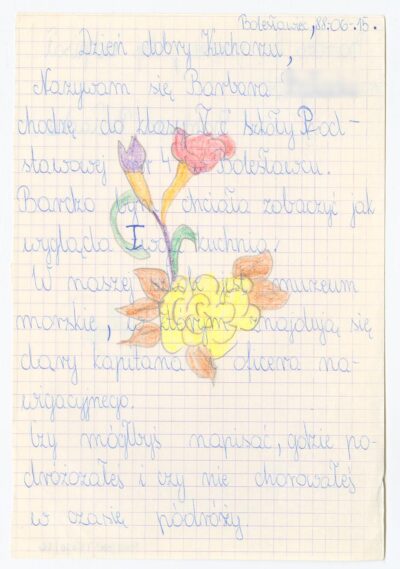 List uczennicy piątej klasy Szkoły Podstawowej nr 4 w Bolesławcu do kucharza drobnicowca m/s Artur Grottger