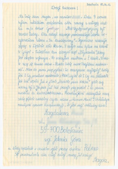 List uczennicy Szkoły Podstawowej nr 4 w Bolesławcu do kucharza drobnicowca m/s Artur Grottger