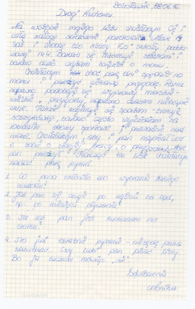 List uczennicy Szkoły Podstawowej nr 4 w Bolesławcu do kucharza drobnicowca m/s Artur Grottger