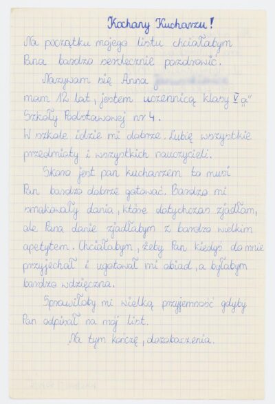 List uczennicy piątej klasy Szkoły Podstawowej nr 4 w Bolesławcu do kucharza na m/s Artur Grottger