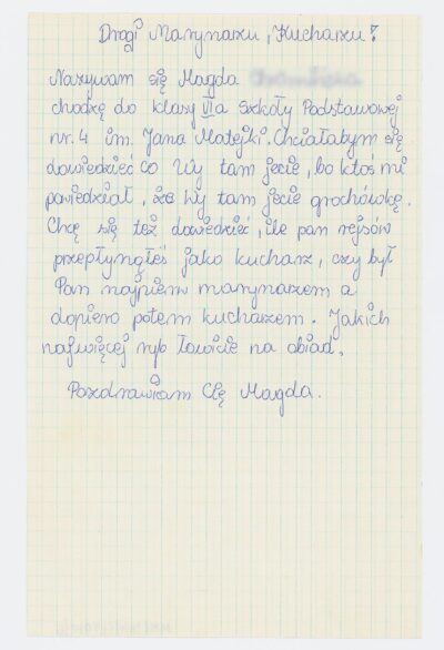 List uczennicy klasy szóstej Szkoły Podstawowej nr 4 w Bolesławcu do kucharza na drobnicowcu m/s Artur Grottger