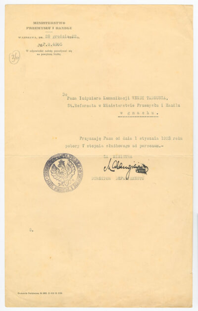 Dokument skierowany do inż. Tadeusza Wendy z Ministerstwa Przemysłu i Handlu w sprawie przyznania poborów
