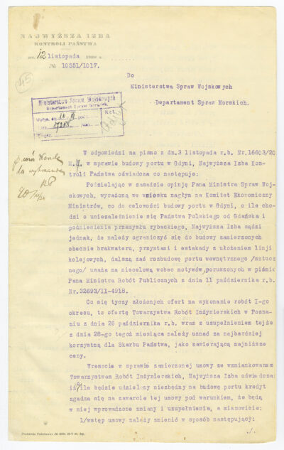 Pismo Najwyższej Izby Kontroli Państwa do Departamentu Spraw Morskich Ministerstwa Spraw Wojskowych w sprawie budowy portu w Gdyni