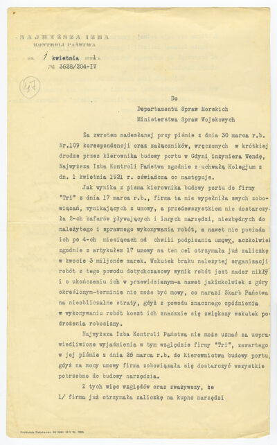 Pismo Najwyższej Izby Kontroli Państwa do Departamentu Spraw Morskich Ministerstwa Spraw Wojskowych w sprawie nieudzielenia TRI zaliczki