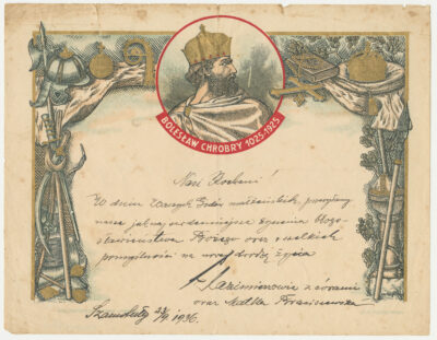 Telegram okolicznościowy z życzeniami z okazji godów małżeńskich, z wizerunkiem Bolesława Chrobrego