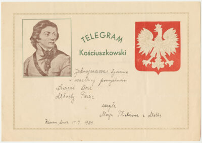 Telegram okolicznościowy z życzeniami z okazji ślubu, z wizerunkiem gen. Tadeusza Kościuszki