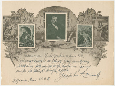 Telegram okolicznościowy z życzeniami z okazji srebrnego wesela, z wizerunkami Henryka Sienkiewicza i bohaterów jego książek