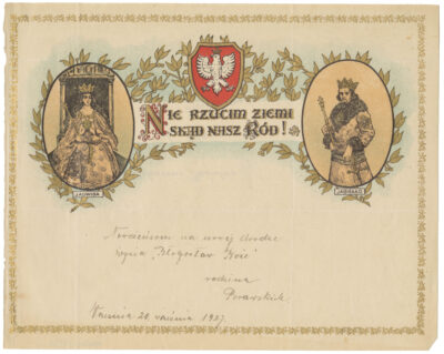 Telegram okolicznościowy z życzeniami z okazji  ślubu, z portretami królowej Jadwigi i Władysława Jagiełły