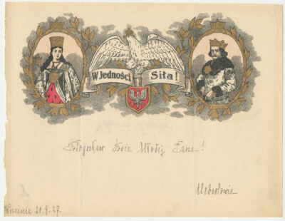 Telegram okolicznościowy z życzeniami z okazji  ślubu, z wizerunkami królowej Jadwigi i Władysława Jagiełły