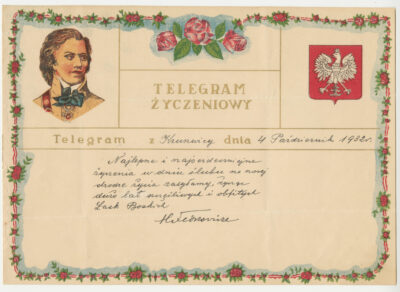 Telegram życzeniowy z okazji ślubu, z wizerunkiem gen. Tadeusza Kościuszki